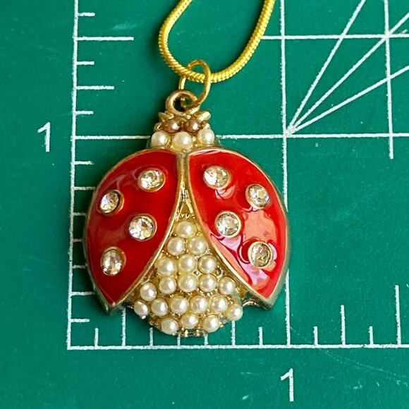 Crystal Ladybug Necklace Gold Plated 16-18" Chain Insect Red Enamel Pearl - Picture 7 of 8
